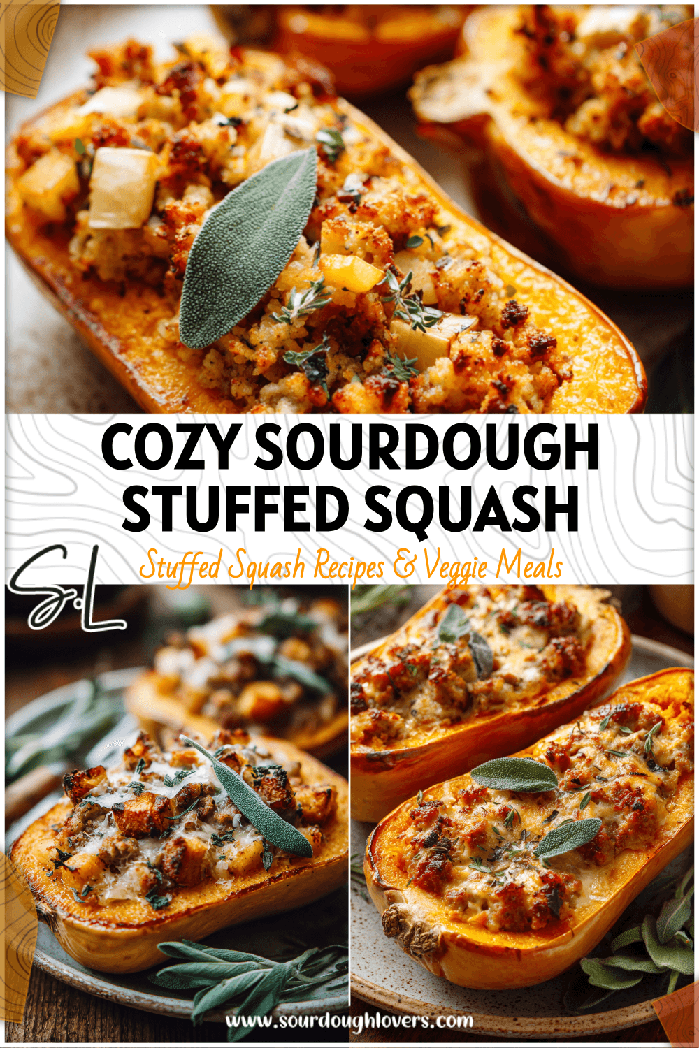Golden baked stuffed butternut squash filled with sourdough, apple, sage, and sausage on a rustic plate. 26